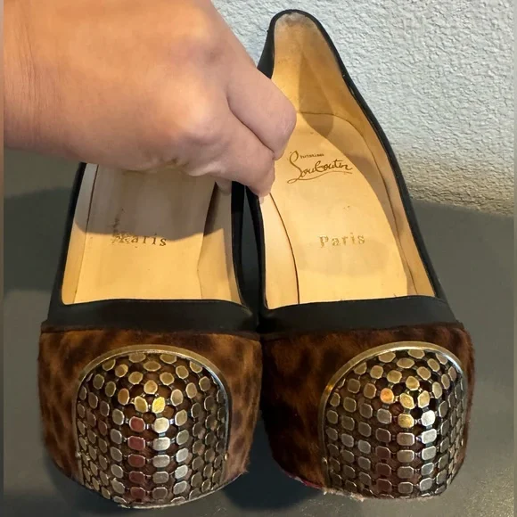 Christian Louboutin Black Maggie 140mm Leopard Pony Hair Heels Pumps 37.5 Gold - Picture 3 of 10